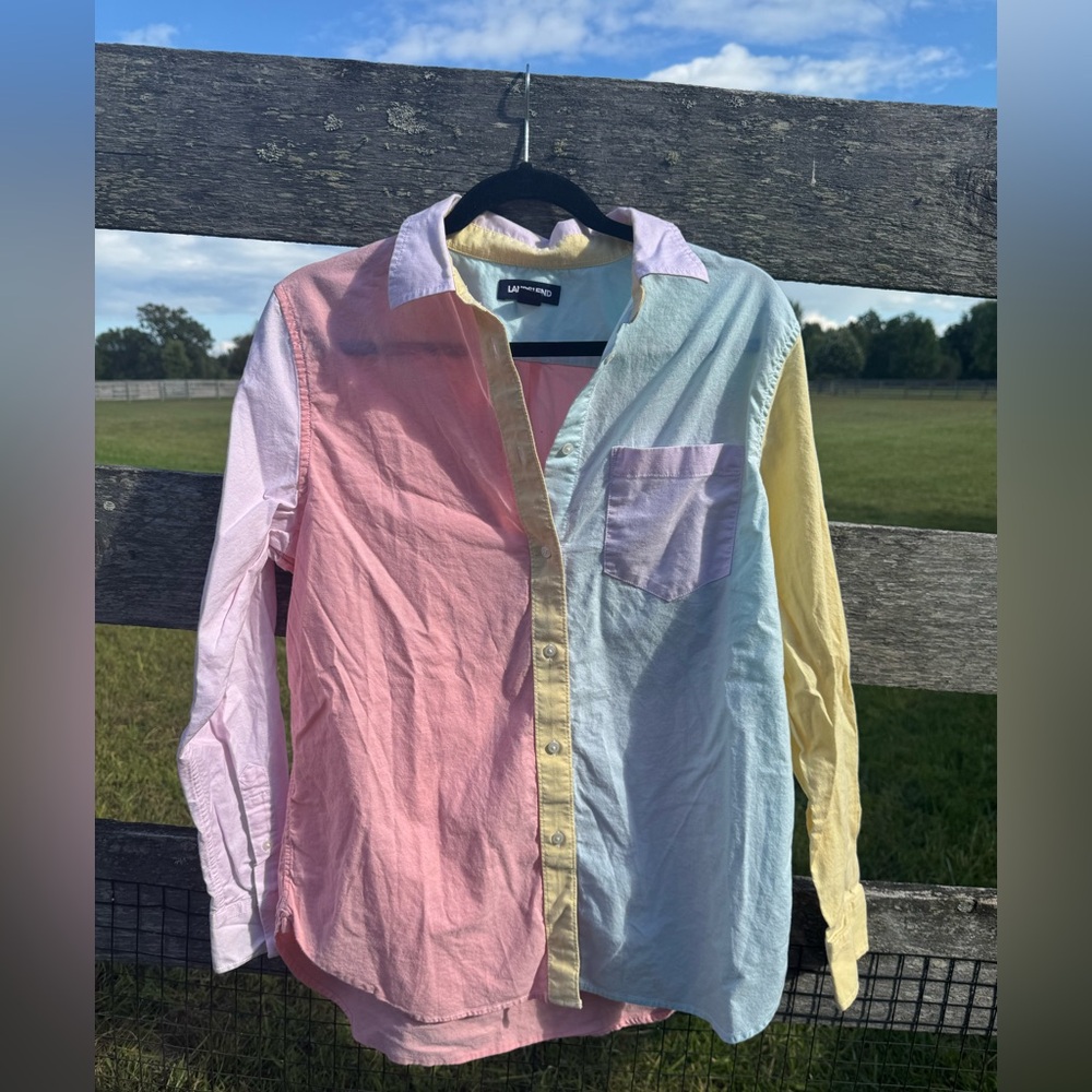 Women’s Pastel Color block Button Down Boyfriend Shirt -  Medium - Lands End